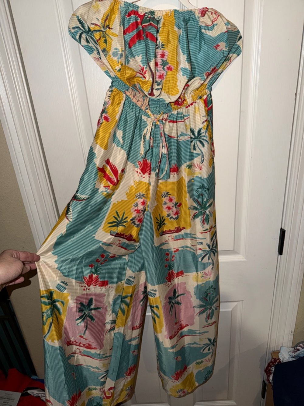 True Destinations Tropical Print Off-Shoulder Jumpsuit - Teal & Yellow Small